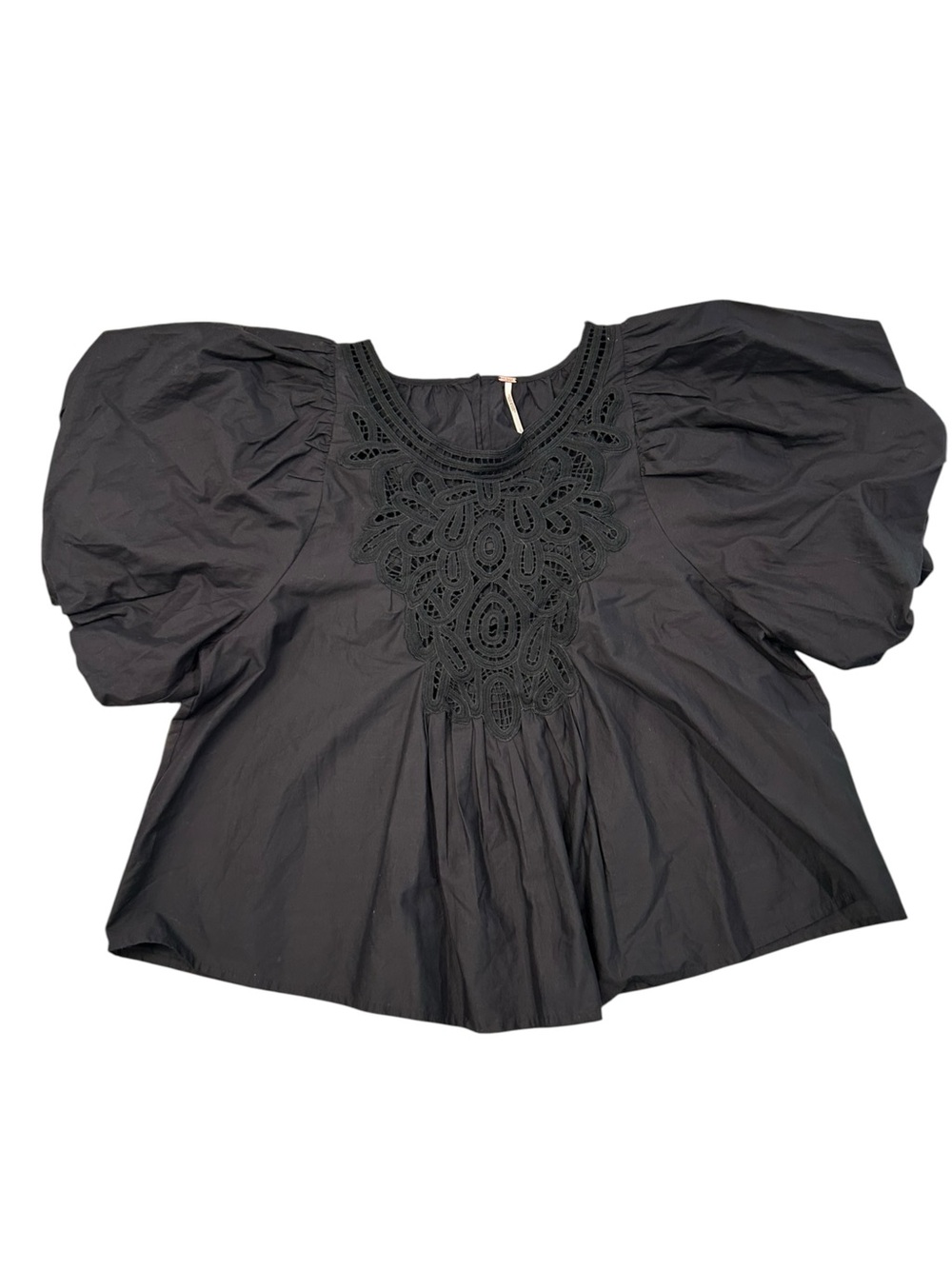 Free People Black Bardot Blouse Puff-Sleeve Crochet Yoke Women’s Large Keyhole